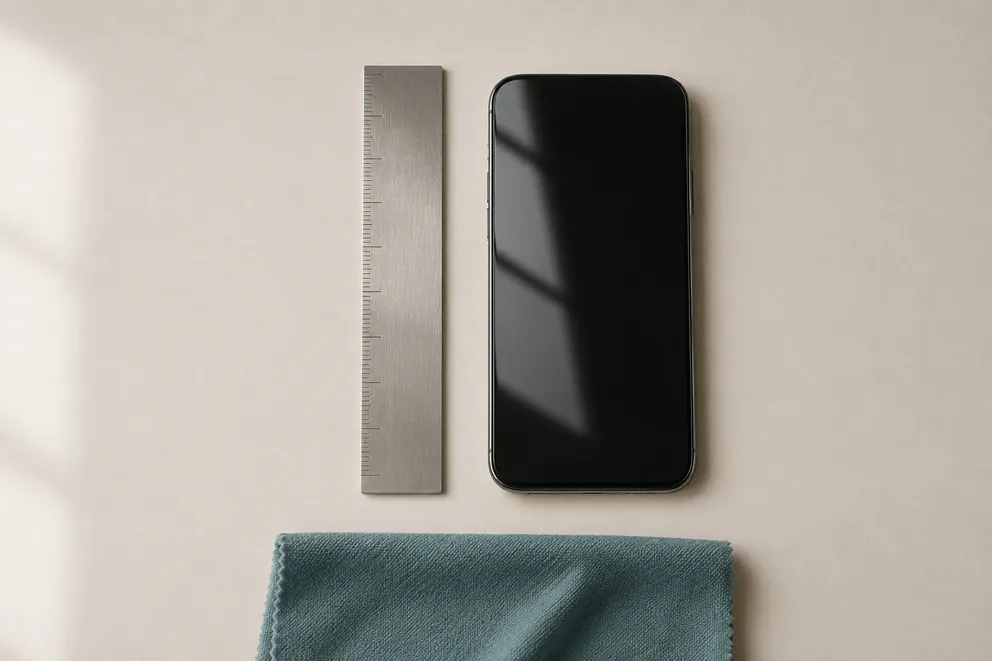 A millimetre ruler and a phone side by side, comparing ways to measure pupillary distance