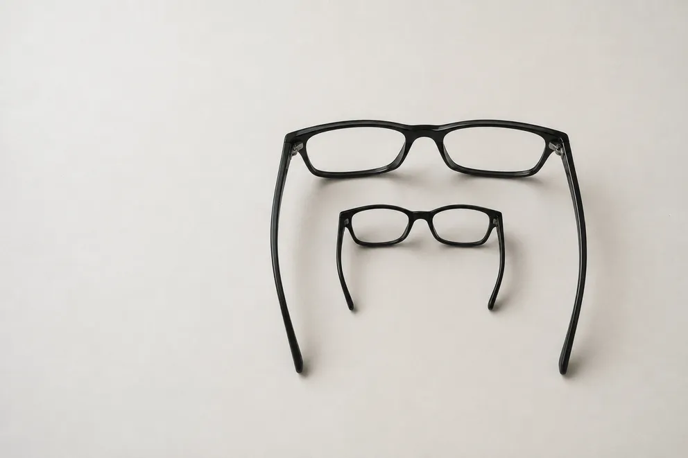 A child's small glasses nested inside an adult pair, showing how pupillary distance changes with age then settles