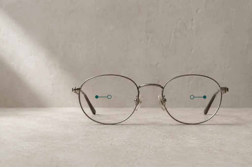 Glasses with each lens's optical centre marked and offset from the pupil position, showing a wrong pupillary distance