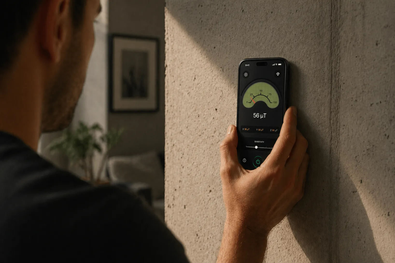 Person holding an iPhone at arm's length to measure pupillary distance with the front camera