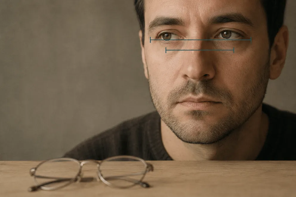 The wider far PD span and the shorter near PD span marked on the same pair of eyes