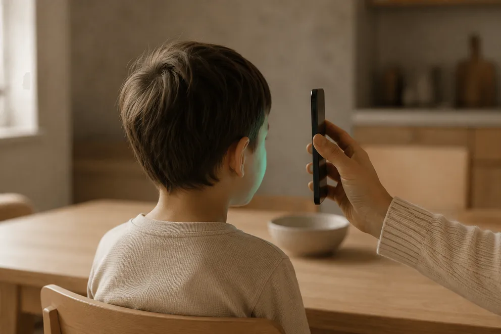 An adult's hand holding a phone in front of a child at a kitchen table to measure the child's pupillary distance